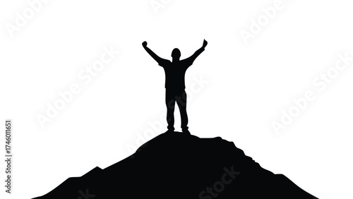Solid Black Silhouette Vector of Human Standing on Mountain Peak