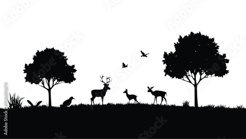 Solid Black Silhouette Vector of Wildlife on Landscape Horizon