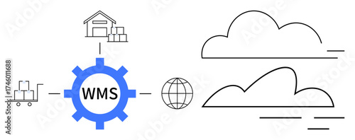 Blue gear labeled WMS connected to warehouse, cart, world globe, and clouds. Ideal for supply chain, logistics, cloud computing, inventory management, automation business efficiency simple flat