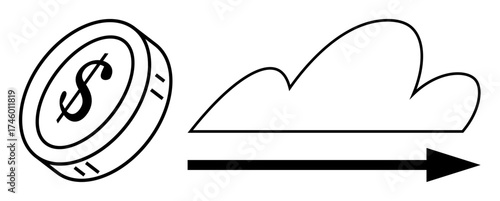 Dollar coin, cloud silhouette, and arrow indicating progress, movement, or exchange. Ideal for finance, technology, data innovation cloud services e-commerce digital economy. Minimalist flat