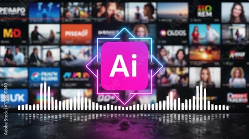 Artificial Intelligence Logo with Glowing Neon Overlay and Audio Spectrum on Blurred Digital Background AI powered workflow automation