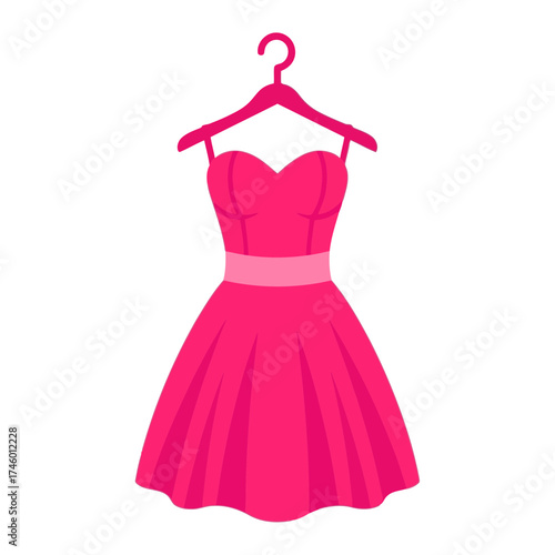 A vibrant pink strapless dress with a pleated skirt, displayed on a hanger