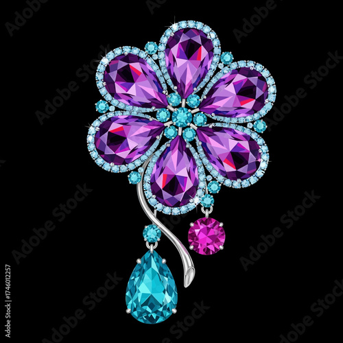 A stunning brooch adorned with large purple teardrop gemstones and smaller blue and pink accent stones, intricately set in a floral design with a dangling blue gem