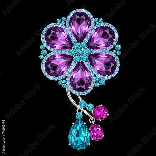 Elegant floral brooch adorned with sparkling purple amethyst and bright blue crystal gems, featuring a dangling teardrop pendant, perfect for fashion and luxury