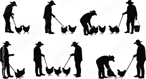 Farmer feeding chickens silhouette illustration, rural agriculture vector art, countryside lifestyle design, poultry farm concept, traditional farming and livestock care