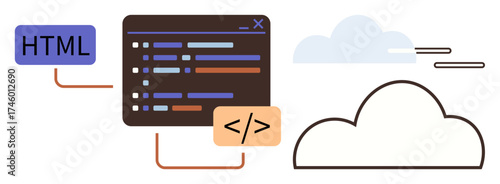 Code editor displaying colorful code lines linked with HTML tag and programming symbols beside a cloud icon. Ideal for web development, programming, coding, cloud technology, learning, IT services