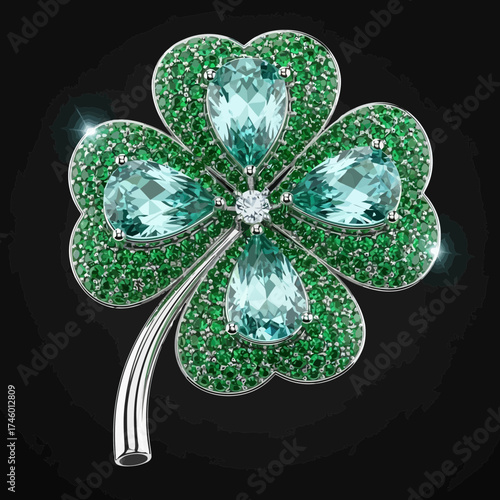 Elegant fourleaf clover brooch adorned with sparkling green gemstones and large aquamarine gems, symbolizing luck and prosperity, set against a dark backdrop