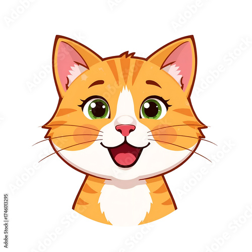 A cheerful cartoon orange tabby cat head with a happy expression, isolated on transparent background, perfect for childrens illustrations and designs