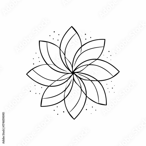 Abstract symmetrical lotus flower icon with thin lines and decorative specks, a symbol of purity and harmony