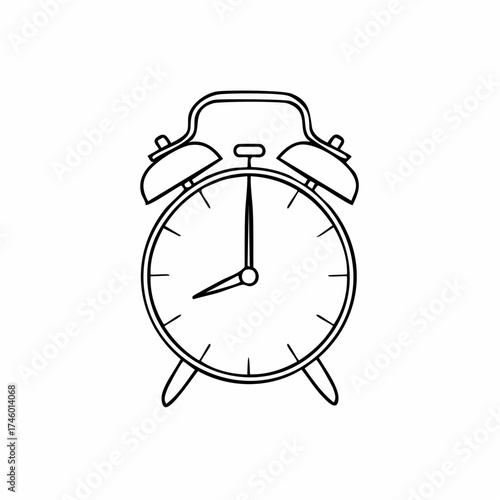 Hand-drawn line art illustration of a classic twin bell alarm clock. Minimalist black and white doodle icon representing time, morning, and deadlines