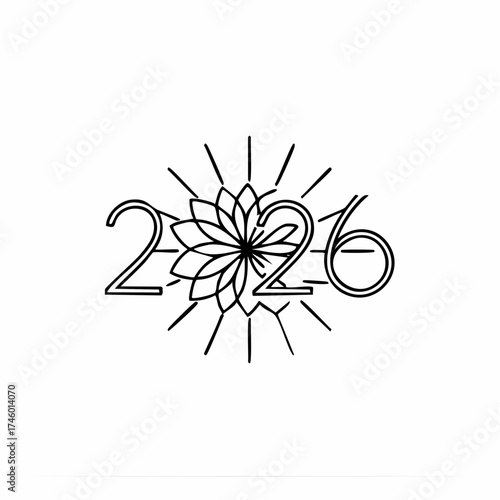 Elegant line art illustration featuring the numbers 226 intertwined with a blooming floral motif and radiant sunbeams, ideal for design elements and celebratory dates