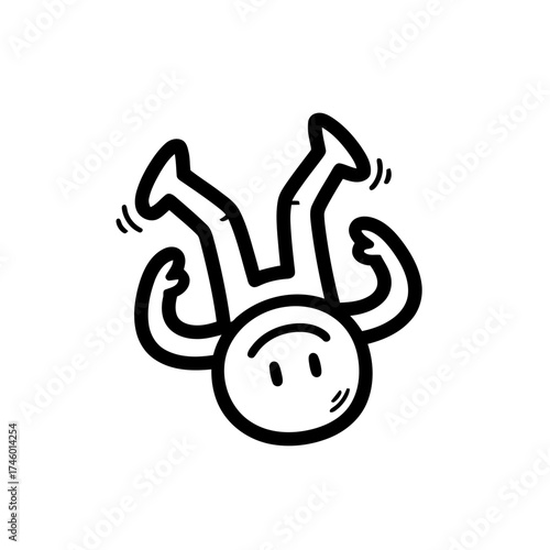 Simple black and line drawing cartoon character upside down