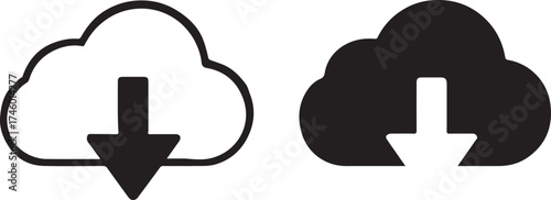 Cloud Download Icon Set in Black and White Modern Data Transfer Graphics