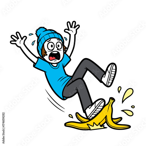 Shocked cartoon person in blue shirt and beanie slipping on banana peel, falling down