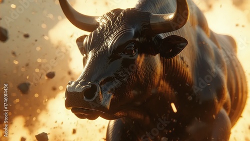 Powerful Bull Charging Through Debris with Determination.
