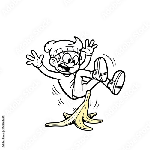 Cartoon boy slipping on banana peel, falling down with arms outstretched