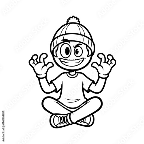 Mischievous cartoon boy sitting crosslegged with sly grin