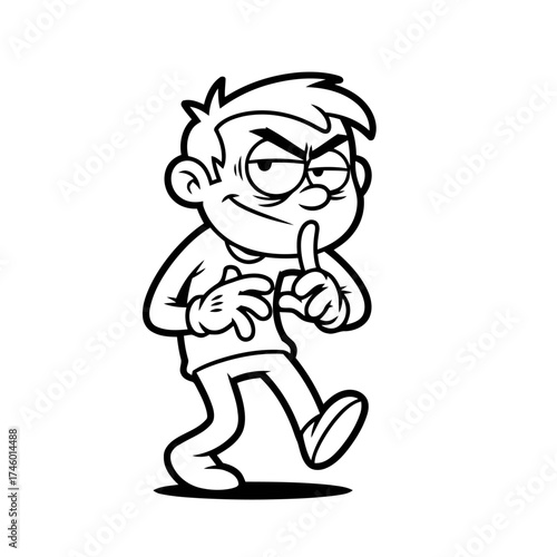 Cartoon boy making shushing gesture and looking sneaky