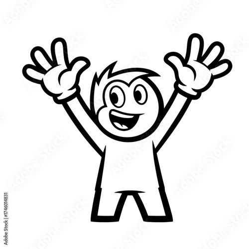 Happy cartoon character with arms raised in celebration