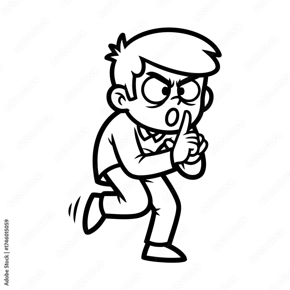 Fototapeta premium Cartoon boy with finger to lips, signaling for silence, with an angry expression