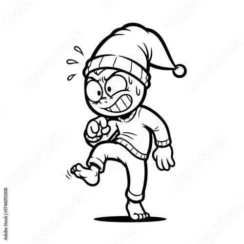 Black and cartoon boy wearing beanie and sweater, looking scared and running barefoot