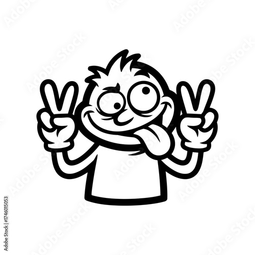 Cartoon character sticking tongue out and making peace signs with eyes wide open