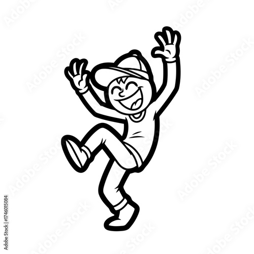 Happy cartoon boy with cap, jumping and celebrating with arms raised