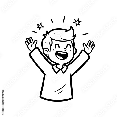 Happy cartoon boy with hands raised in excitement