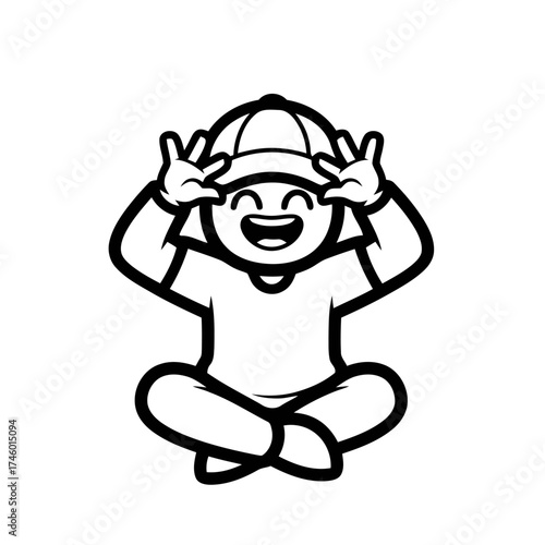 Cartoon boy wearing cap, sitting crosslegged with hands up