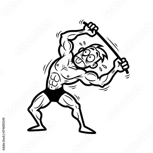 Muscular cartoon bodybuilder straining to lift heavy barbell overhead, sweat dripping