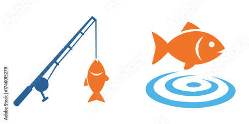 Two fishing logos featuring a caught fish on a rod and a fish jumping out of rippling water illustration