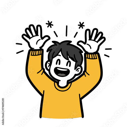 Excited cartoon person with arms raised and hands open, smiling widely with stars around their head