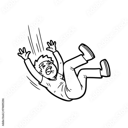 Cartoon man falling down with arms outstretched in fear and panic