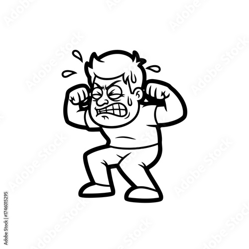 Cartoon man straining with effort, clenching fists and gritting teeth, showing exertion and struggle