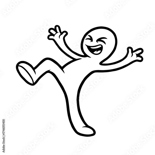 Cartoon character with arms up in the air, laughing hysterically and kicking one leg out in joyful, celebratory pose