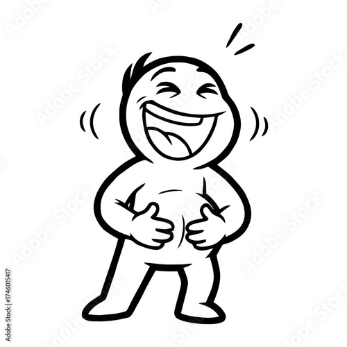 Cartoon character with eyes closed, laughing heartily and holding their belly, with curved lines indicating laughter