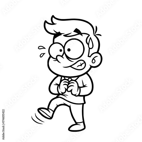 Cartoon boy with big eyes and messy hair, sweating and looking nervous while walking