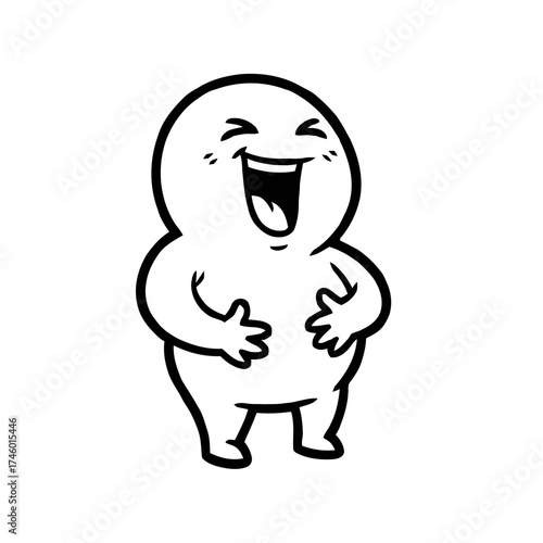 Cute cartoon character, round bloblike figure with arms crossed over its belly, laughing heartily with its eyes closed and mouth wide open