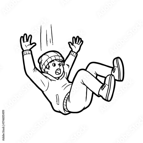 Young boy in winter clothes falling down with arms outstretched and scared expression