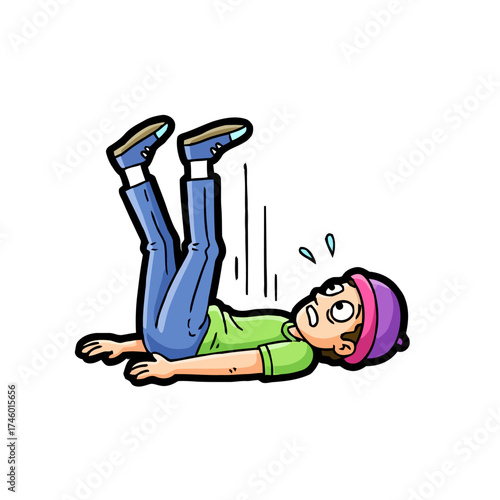 Cartoon boy falling down on his back with legs up in the air