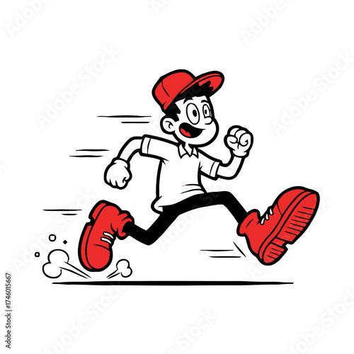 Happy cartoon delivery man running fast with red cap and shoes