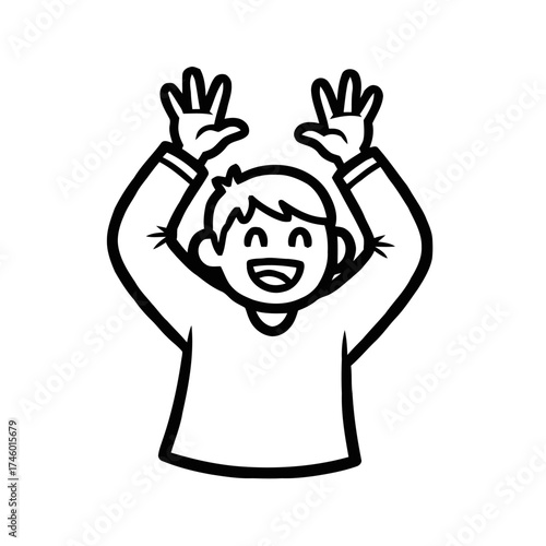 Simple cartoon outline happy person with hands raised