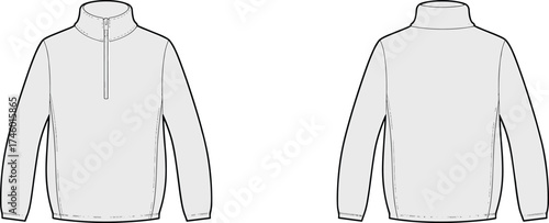 Front and back technical fashion flat sketch of half zip mock neck sweatshirt, vector apparel design, casual clothing template, illustration.