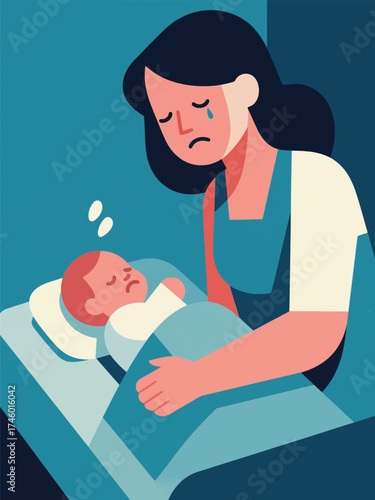Illustration Of Sad Tired Woman Near Newborn Baby Sleeping Vector Design Template