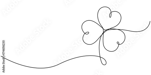 Continuous one line drawing of four leaf clovers. Isolated on white background vector illustration, Three leaves clover, Good luck floral symbol in simple linear style, Clover four-leaf in Continuous 