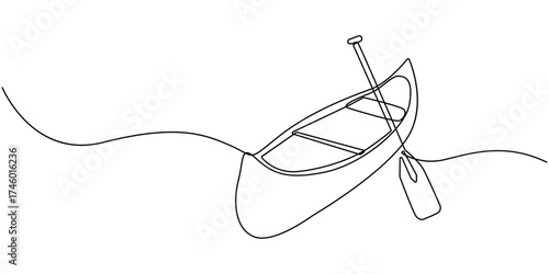 Single continuous line drawing canoe trails and rafting club with kayaking equipment, boat icon continuous one line drawing,  kayak canoe rowboat sailboat yacht isolated on white background vector.