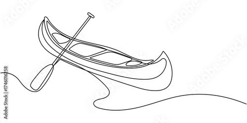 Single continuous line drawing canoe trails and rafting club with kayaking equipment, boat icon continuous one line drawing,  kayak canoe rowboat sailboat yacht isolated on white background vector.