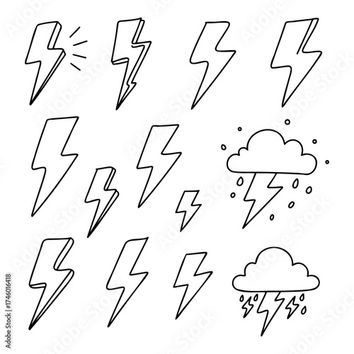 Collection of Hand Drawn Doodle Lightning Bolt and Thunderstorm Weather Elements