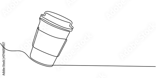 Continuous one line drawing of paper cup of coffee., One line drawing illustration of coffee takeaway, Paper cup of hot coffee in one Continuous line drawing,  Concept of drink to go in line art style
