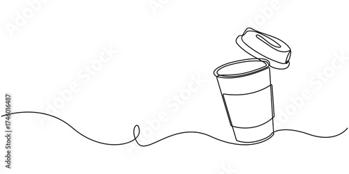 Continuous one line drawing of paper cup of coffee., One line drawing illustration of coffee takeaway, Paper cup of hot coffee in one Continuous line drawing,  Concept of drink to go in line art style